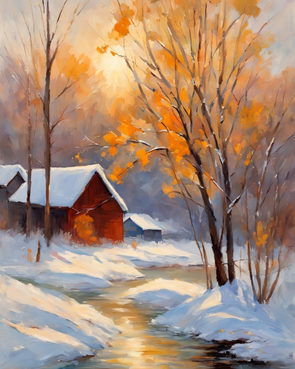 Winter cabin dusk - Art print - Poster - Ever colorful